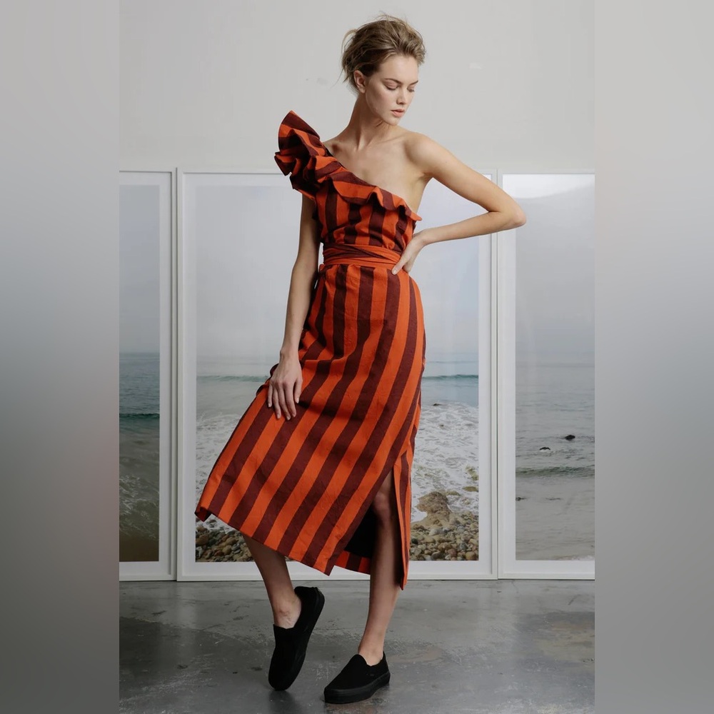 One-Shoulder Ruffle Midi Skirt in Rust and Black Stripe
